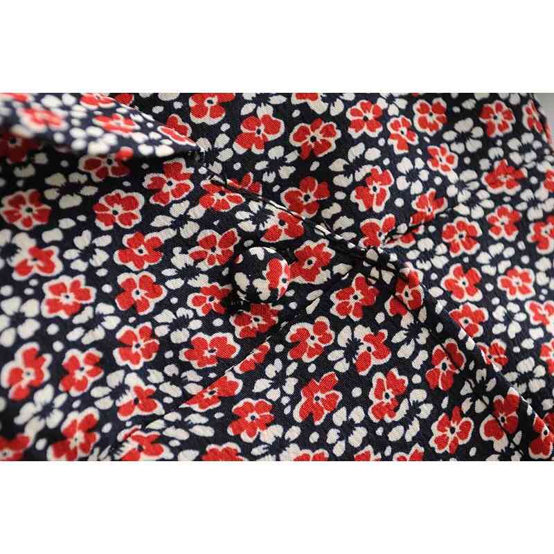 France Retro Lapel Puff Sleeve Floral Print Shirt Women Slim Waist Short Crop Blouse Girl's Tops 210429
