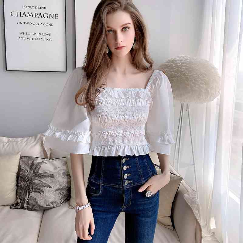 Dabuwawa Vintage Sexy White Flare Sleeve Frilled Blouse Women Square Neck Slim Fit Elegant Blouses Office Lady DT1BST026 210520