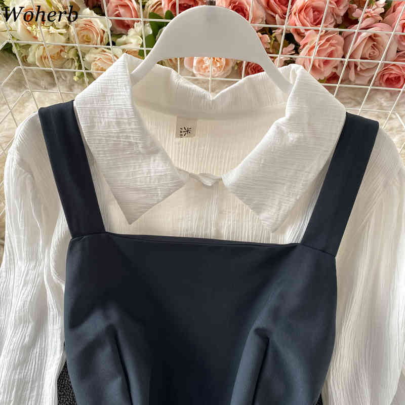 2 Piece Set Preppy Style Suit Sweet Square Collar Vest Dresses Vintage White Long Sleeve Shirt Top Two-piece Sets Women 210519