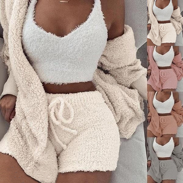 Three Piece Sexy Fluffy Sets Velvet Plush Hooded Cardigan Coat+Shorts+Crop Top Women Tracksuit Casual Sports Overalls Sweatshirt Y0625