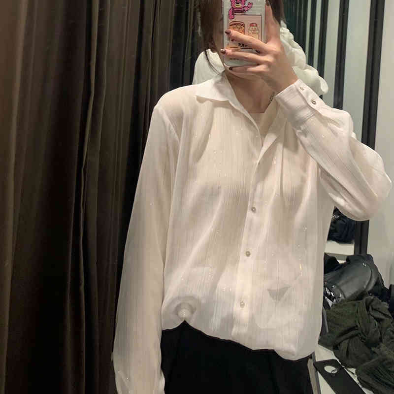 Women Retro Simplicity Temperament Golden Lines Translucent Shirt Female Loose Lapel Long Sleeve Chic Top 210520