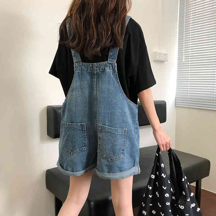 SML Summer korean preppy style Jumpsuit Denim Overalls Casual Girls vintage roll up wide leg Jeans Shorts womens (78121) 210423