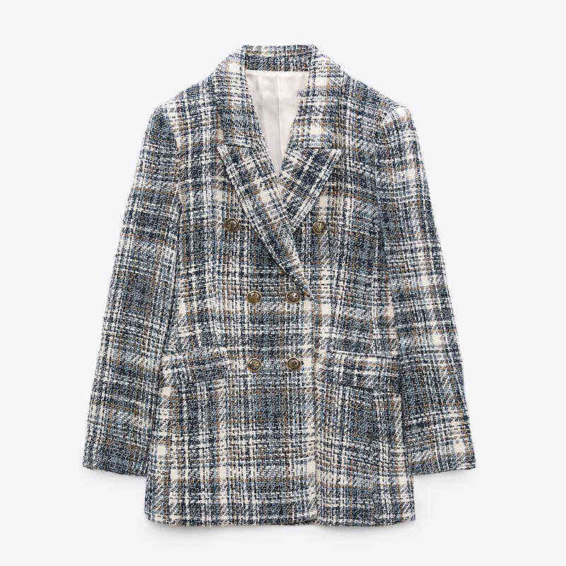 autumn and winter casual plaid double-breasted texture with shoulder pads suit jacket women 211104