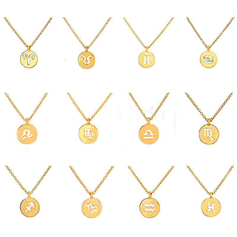 12PCS Zodiac Sign Star Constellation Necklaces Coin Aries Taurus Gemini Cancer Leo Virgo Libra Scorpio Sagittarius Capricorn Aquarius Pisces Pendant J