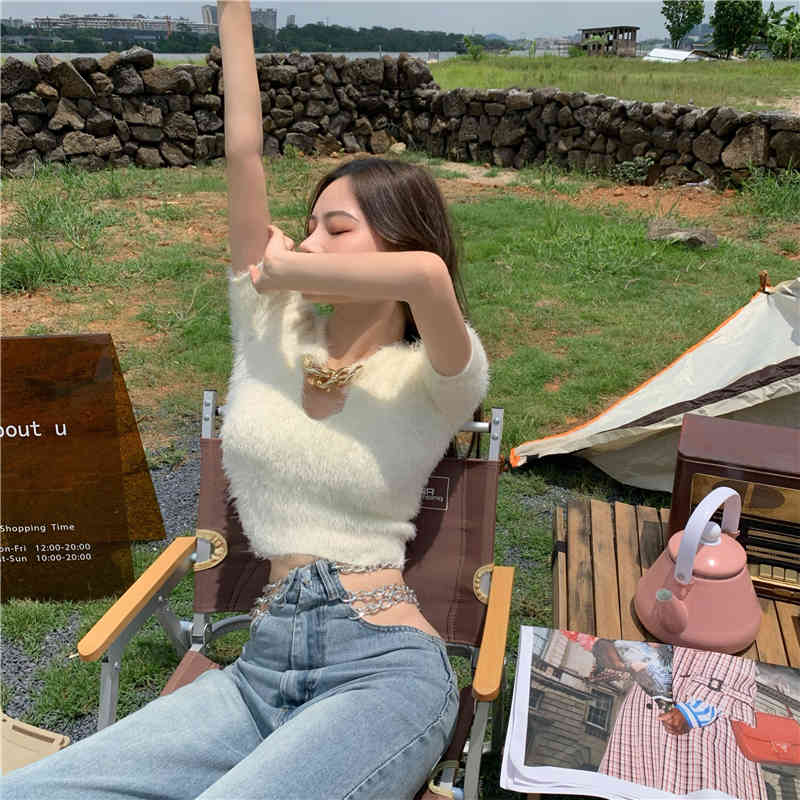 Women Short Slim Pullover Sexy Chain V-neck Cropped Sweater Chic Female Korean Mohair Sleeve Ladies Jumper 210519