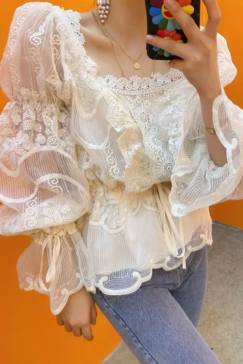 Korean Lace Patch Blouse Slim Waist Bandage Flare Long Sleeve Shirt Autumn Chic Elegant Square Collar Blusas Mujer 210519
