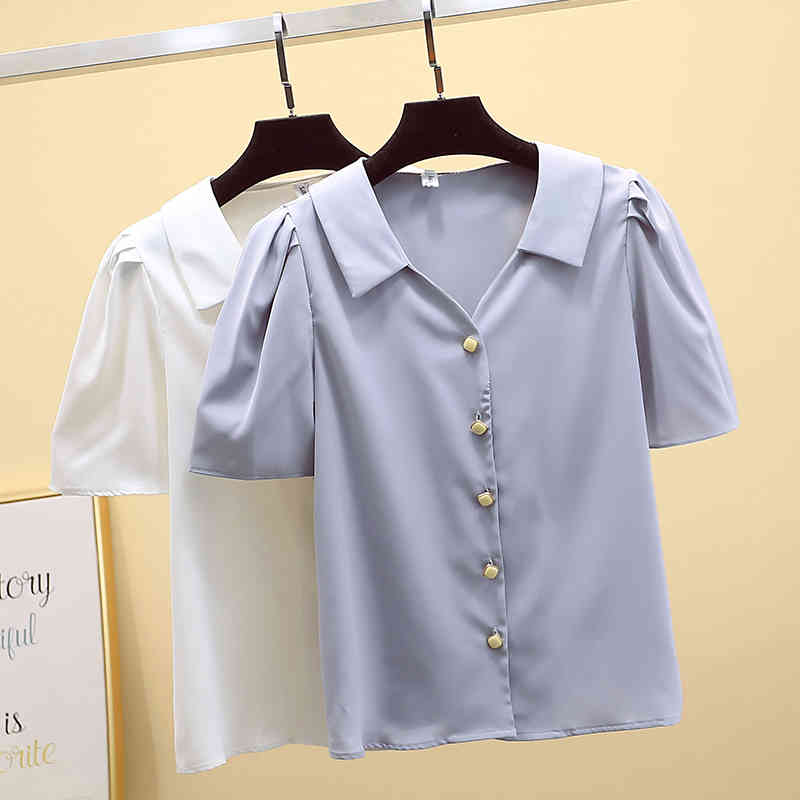 Vintage Puff Sleeve V-neck Office Lady Tops Korean Womens and Blouses Solid Short Summer Cardigan Shirts Blusas 9882 210506