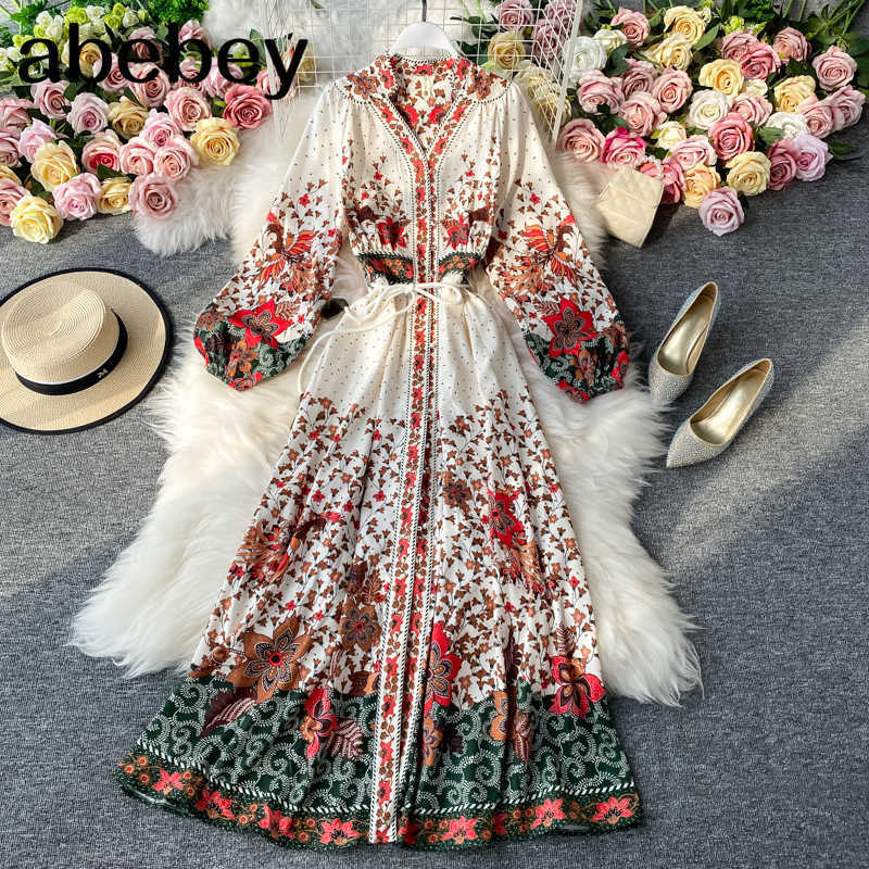 Women Bohe Folk V-Neck Lantern Sleeve Long Dress Euro Ladies Casual Ral Printed Elegant Mid-Calf Dresses 210715