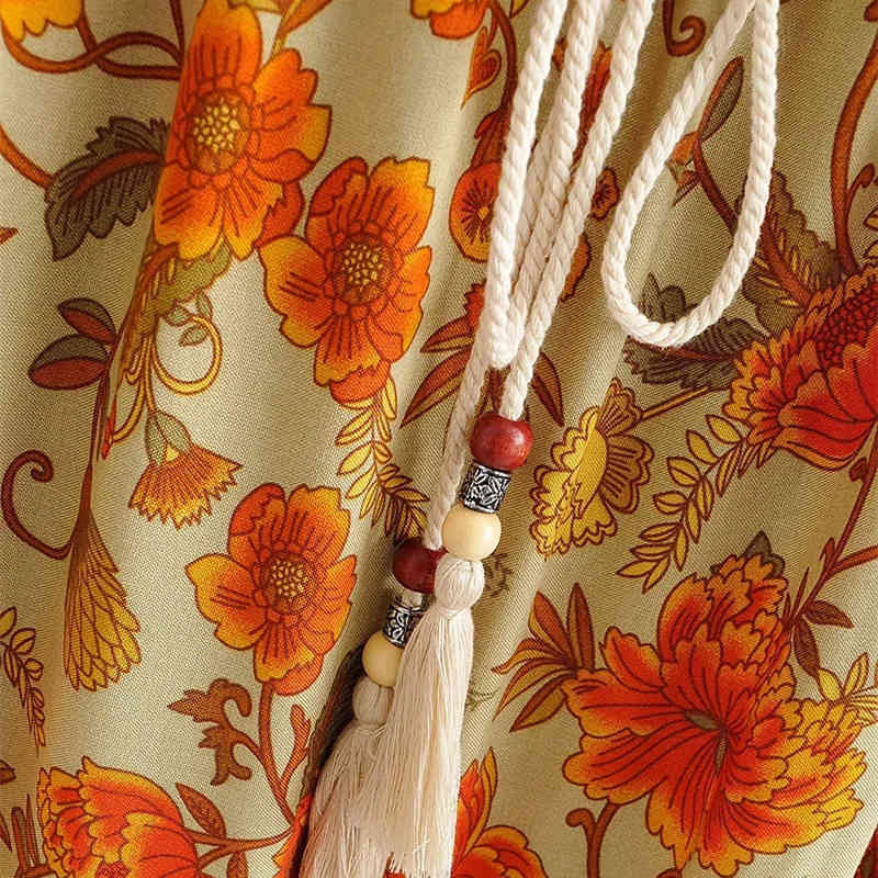 Casual Woman Yellow V Neck National Style Print Long Dress Spring Fashion Ladies Puff Sleeve es Female Chic 210515