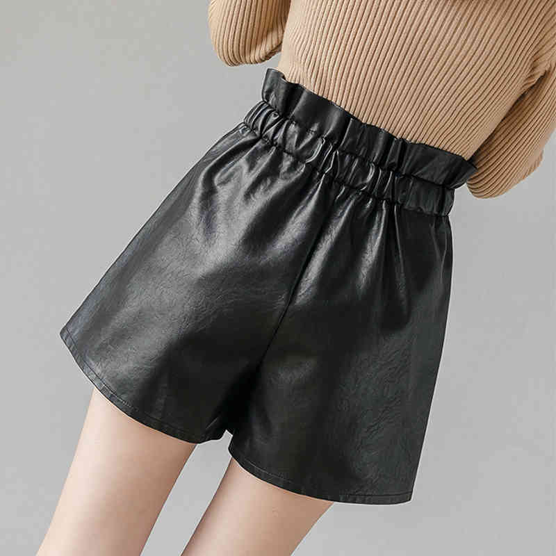 Korean Fashion Wide Leg Shorts with Drawstring A Line High Waist PU Leather Loose All-match Elastic 11062 210506