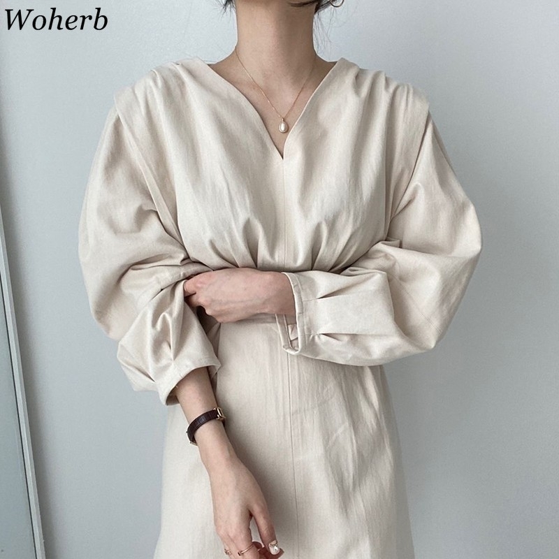 Chic Dress for Women Korean Clothing Robe V-neck Lantern Sleeve Mini Dresses Slim Waist Elegant Vestidos Mujer 210519