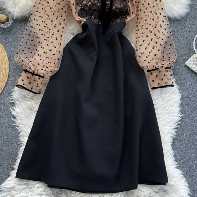 DEAT summer Arrivals Mesh Round Collar Puff Sleeve Stitching Waist Slim A-line Dress MZ726 210709