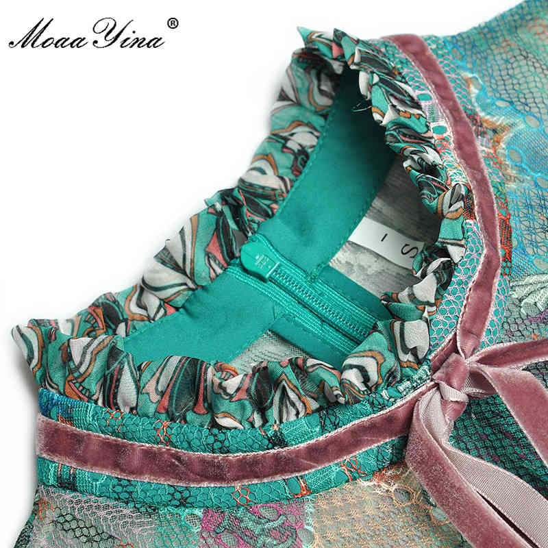 Fashion Cotton dress Autumn Women's Dress Flare Sleeve Print Lurex Mesh Pearl Beaded Cascading Ruffle Elegant Dresses 210524