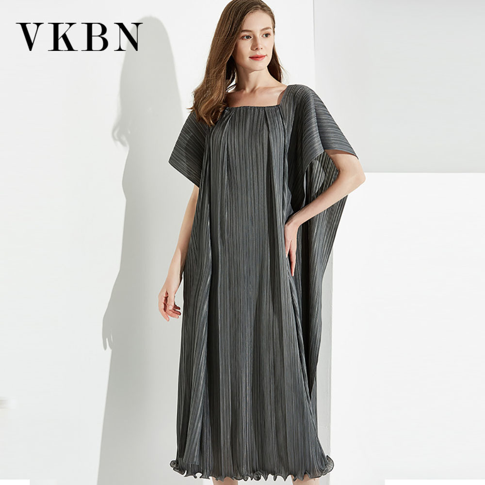 VKBN Summer Dress Women Casual Square Collar Ruched Fabric Pullover Short Sleeve Party Elegant Maxi Dress Fashion 210507
