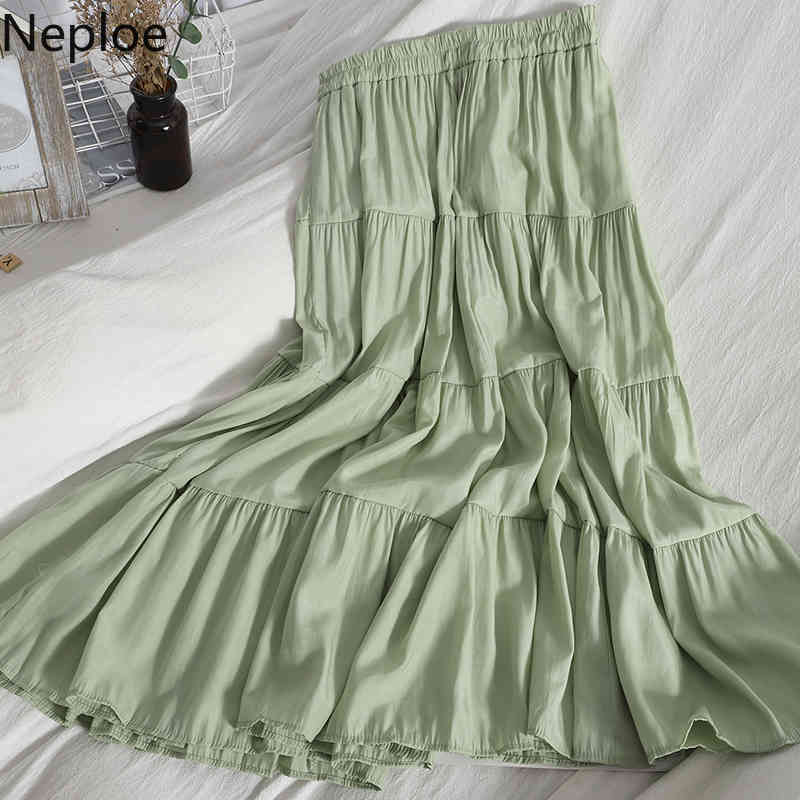 Neploe Ruffle Patchwork Skirts Women Elastic High Waist A-line Big Swing Faldas All-match Thin Solid Color Pleated Skirt Female 210422