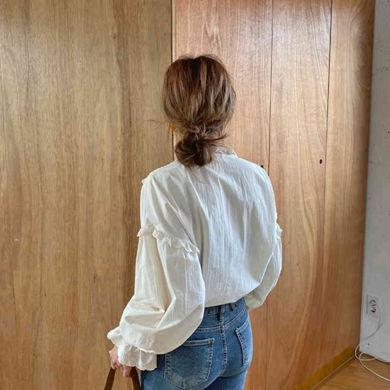 Korean Style Cotton Vintage Elegant Tops Women Shirt Loose Clothing Solid Long Lantern Sleeve Blouse Blusas 9580 210518
