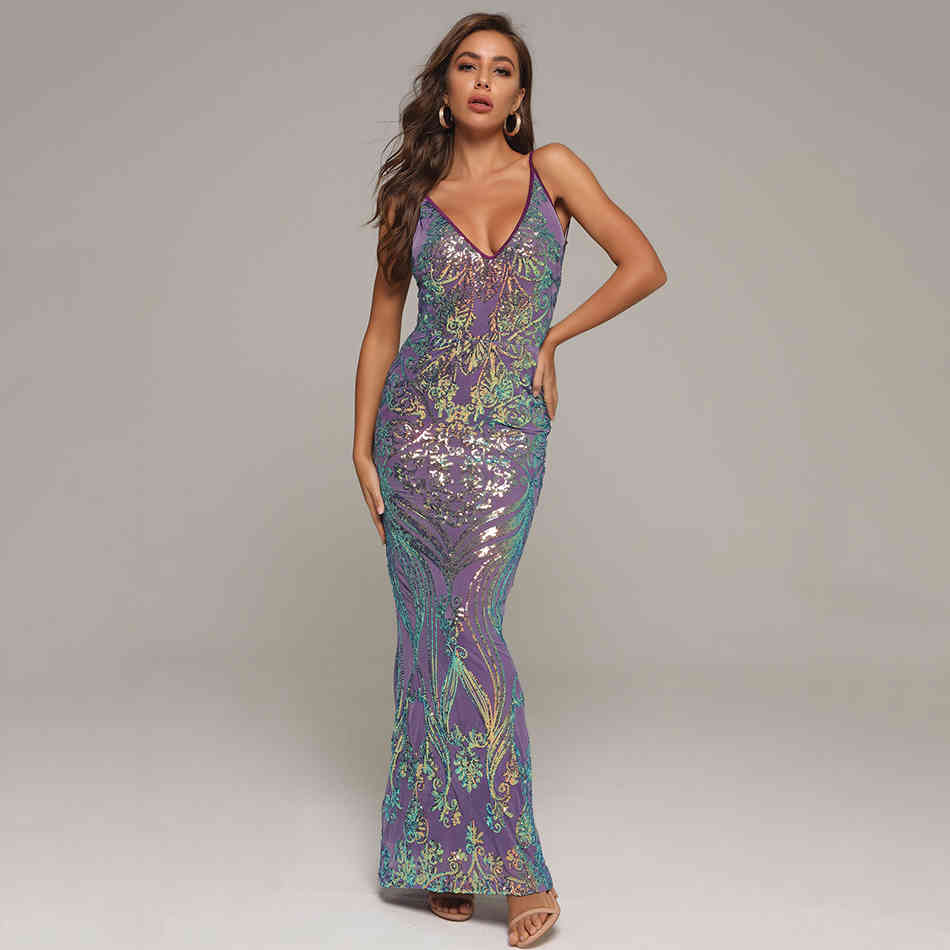 Free Women Purple Runway Bodycon Long Dress Sexy Spaghetti Strap V-neck Sequin Club Evening Party 210524