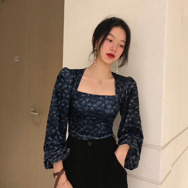 Crop Blusas Korean Chic Retro Elegant Square Collar Floral Print Puff Sleeve Shirt Spring Vintage Blouse Mujer 210519