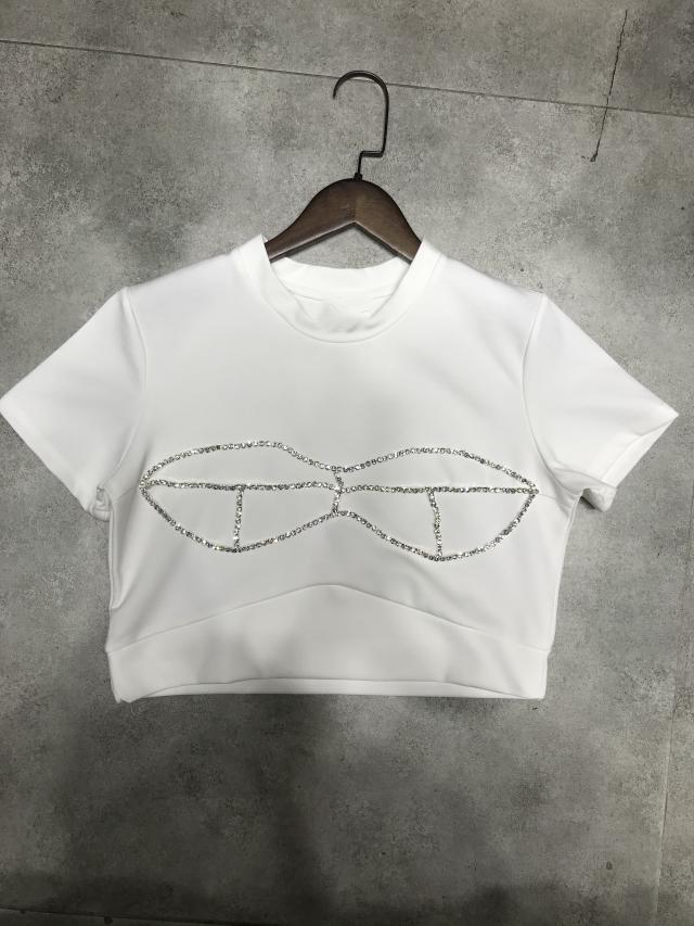 Net red same style 2021 spring and summer new round neck inlaid with diamond pattern short sleeve top watch out machine short open navel, White
Net red same style 2021 spring and summer new round neck inlaid with diamond pattern short sleeve top watch out machine short open navel, White