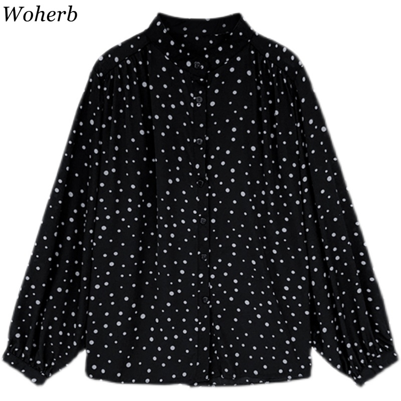 Camisas Mujer Polka Dot Chiffon Blouses Women Spring Vintage Shirts Stand Neck Lantern Sleeve Fashion Blouse Tops Femme 210519