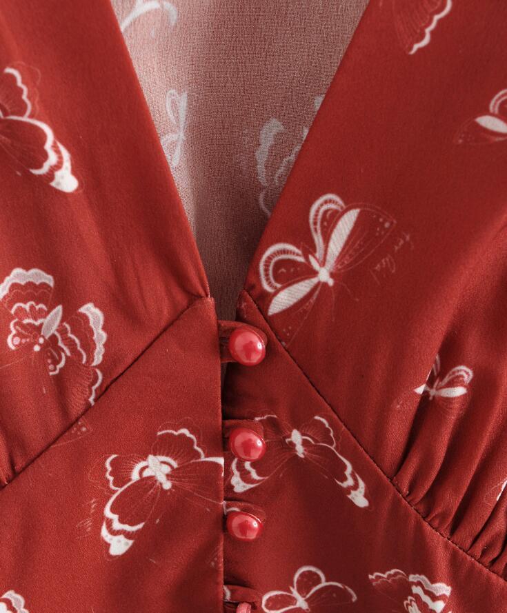 France Retro Long Puff Sleeve Floral Print Shirt Red Women Single-breasted buttons Slim Waist Short Blouse Girl's Tops 210429