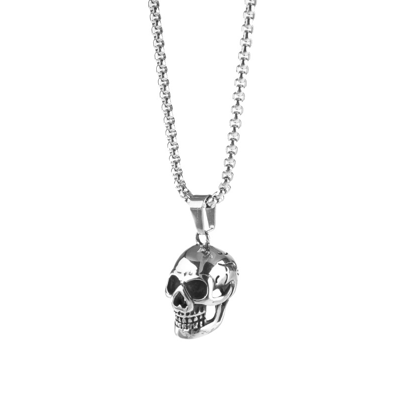 Fashion Punk Goth Stainless Steel Necklace Skull Head Pendant For Men Accessories Gothic Jewelry With 3MM Chain