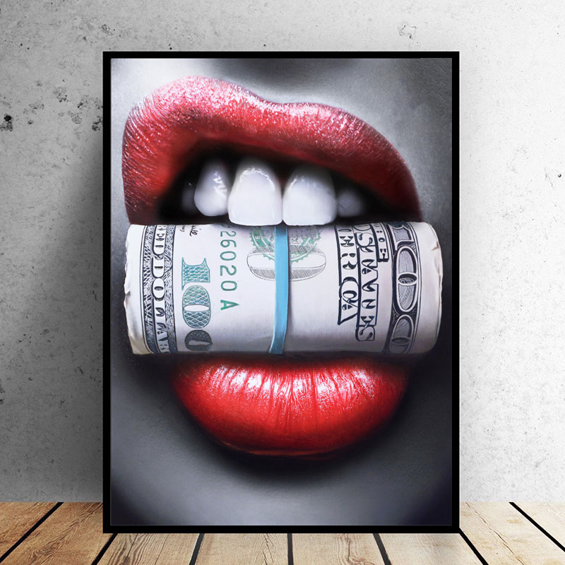 Wall Art Sexy Red Lips Bite Bullet and Money Modern Canvas Paintings For Living Room Posters & Prints Home Decor