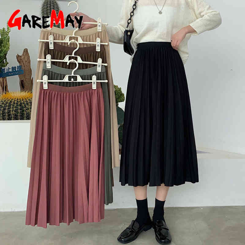 Women's winter skirts midi Long Vintage Warm black pleated female korean autumn high waist 210428