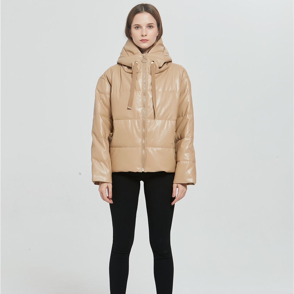 Fashion Khaki PU Leather Winter Women Jacket Coat Zipper Pocket Female Loose Hooded Parkas Oversized Warm Outwear 210508