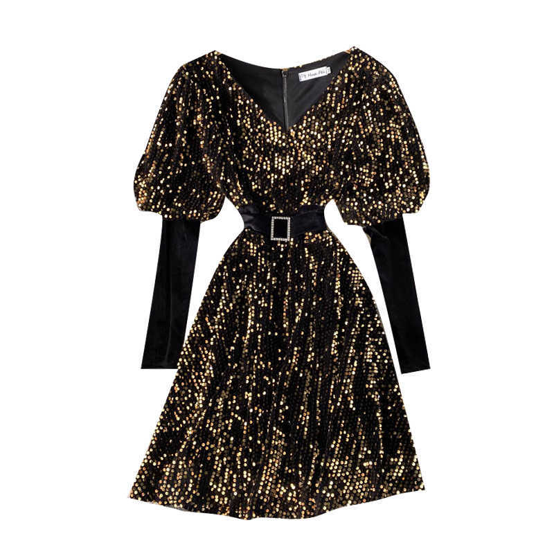 Lady Fashion Bling Glitter Mini A-line Dress Women Autumn and Winter Long Sleeve Slim Elegant Vestidos Q436 210527