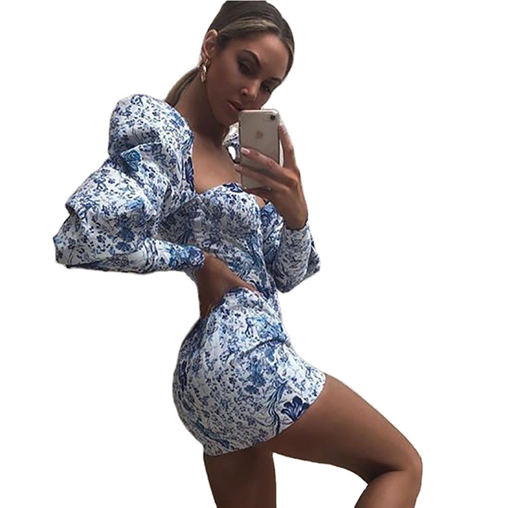 Women Dress Puff Sleeve Square Collar Print Dresses Long Sexy Short Flowers Summer 210513