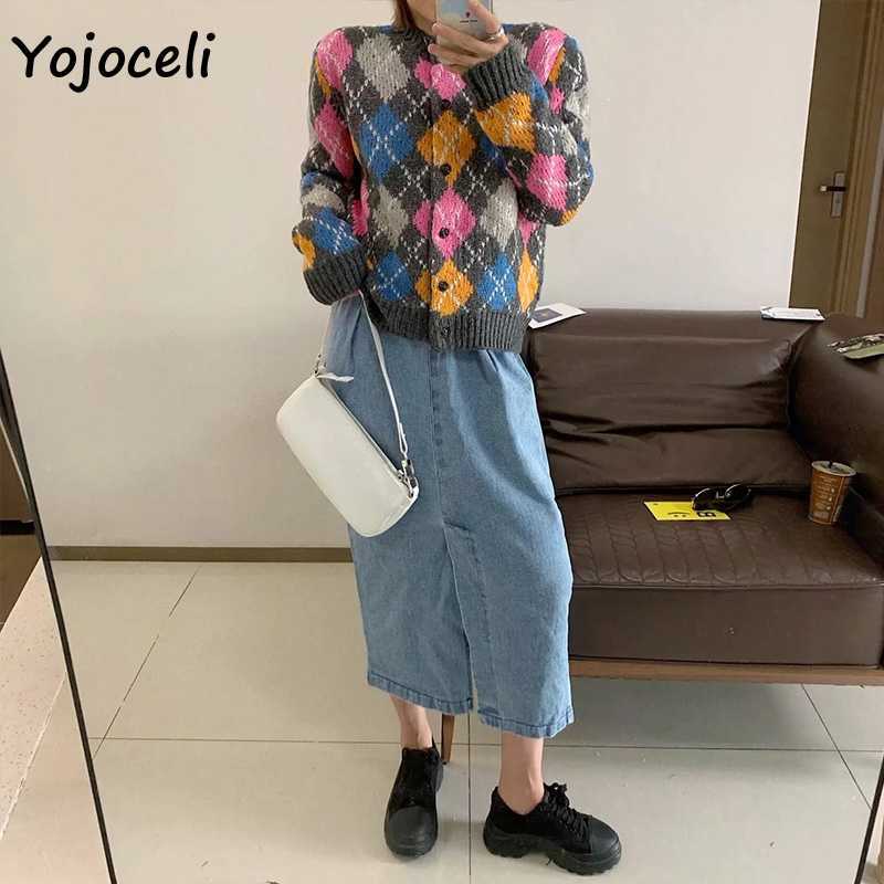 Yojoceli geometric plaid knit sweater cardigan women round neck casual loose jumper outerwear streetwear 210609