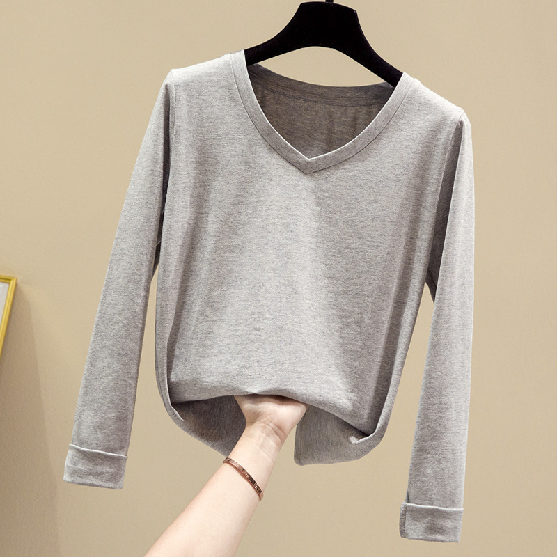 Autumn Korean Slim Office Lady Blouse V-neck Shirt Women Cotton Long Sleeve T- Solid Pullover Blusas 10476 210518