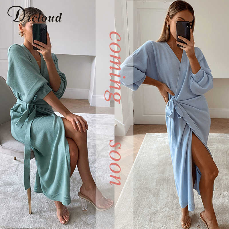 Women's Knitted V Neck Wrap | Cozy Long Oversized Day Midi Dress