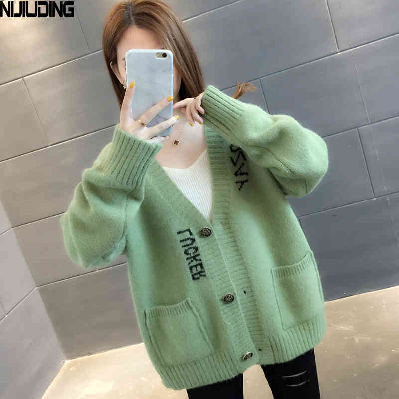 Knitted Cardigan Letter Jacquard Female Sweet Small Fresh Top V-neck Autumn Loose Korean Student Sweater Coat 210514