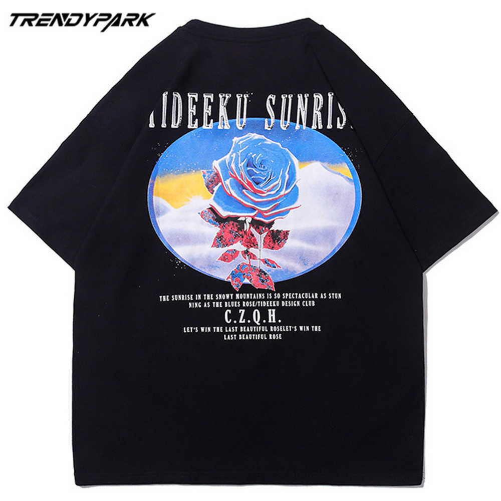 Men's T-shirt Flower Printing Summer Short Sleeve Printed Tee Hip Hop Oversized Cotton Casual Harajuku Streetwear Top Clothing 210601