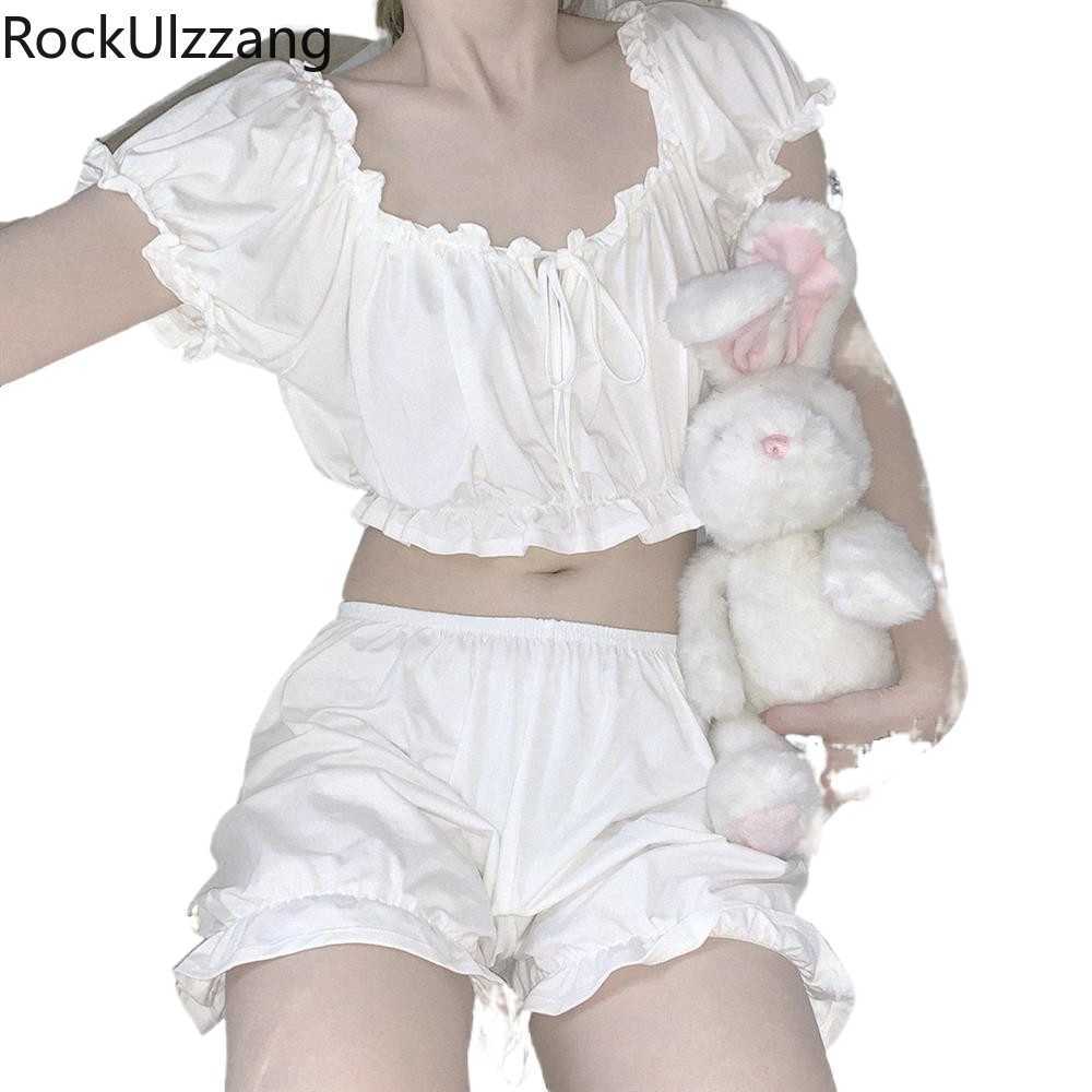 White Purple Red Solid Sexy Drawstring Ruffles Neck Summer Crop Top Lolita Cute Short Lounge Set Two Piece Pajama Cotton Sleep 210622
