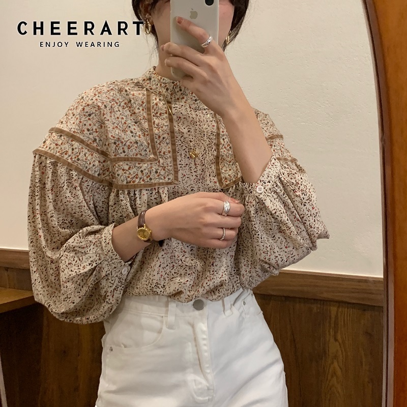 Autumn Vintage Women Tops And Bloues Stand Collar Lantern Sleeve Blouse Long Top Korean Fashion Clothing 210427