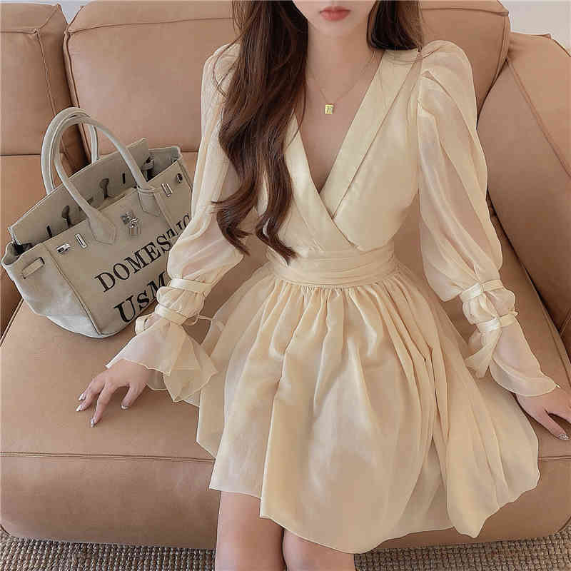 French Vintage Dress Women Elegant Fairy Slim V-neck Chiffon Lace Mini Party Dress Female Autumn Dress Korean 210521