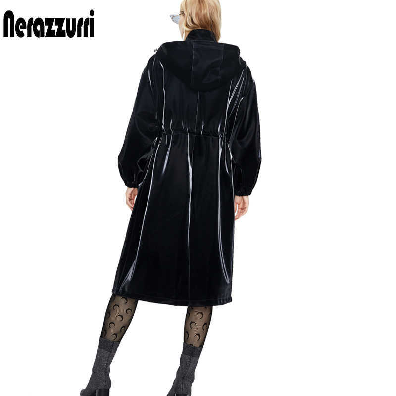 Nerazzurri Long black warm oversized shiny patent leather trench coat for women long sleeve Zip up fall fashion Windbreaker 210909