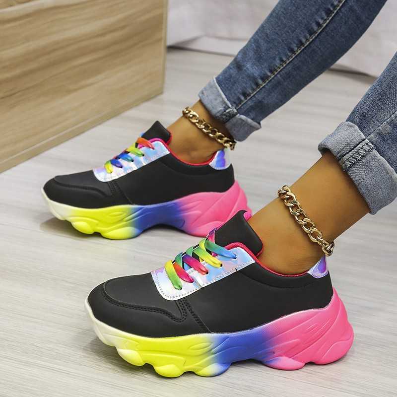 Muffin Flat Bottom Fashion Lace-up Rainbow Sole Thick Bottom White Shoes Women's Summer Thin Sneakers Women's Casual Shoes 2021 Y0907