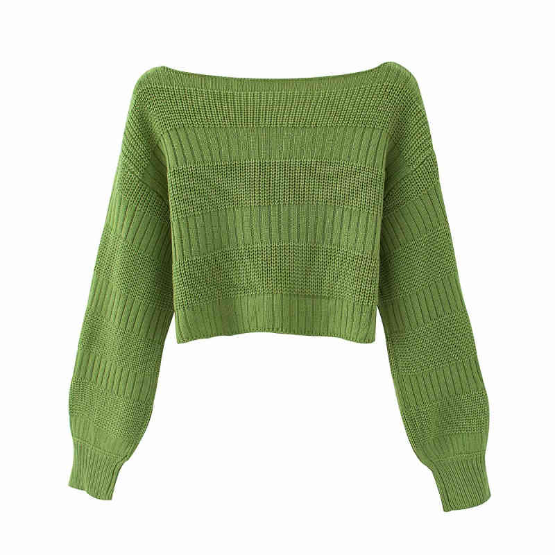 Casual Woman Green Off Shoulder Short Sweater Fashion Ladie Autumn Soft Long Sleeve Tops Female Chic Knitted Sweaters 210515