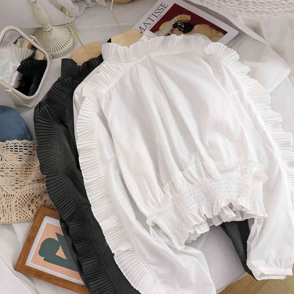 Elegant Ruffle Blouses Women Korean Chic Fashion Clothes Solid Shirts Office Lady Stand Collar Crop Blusas Camisas Mujer 210519