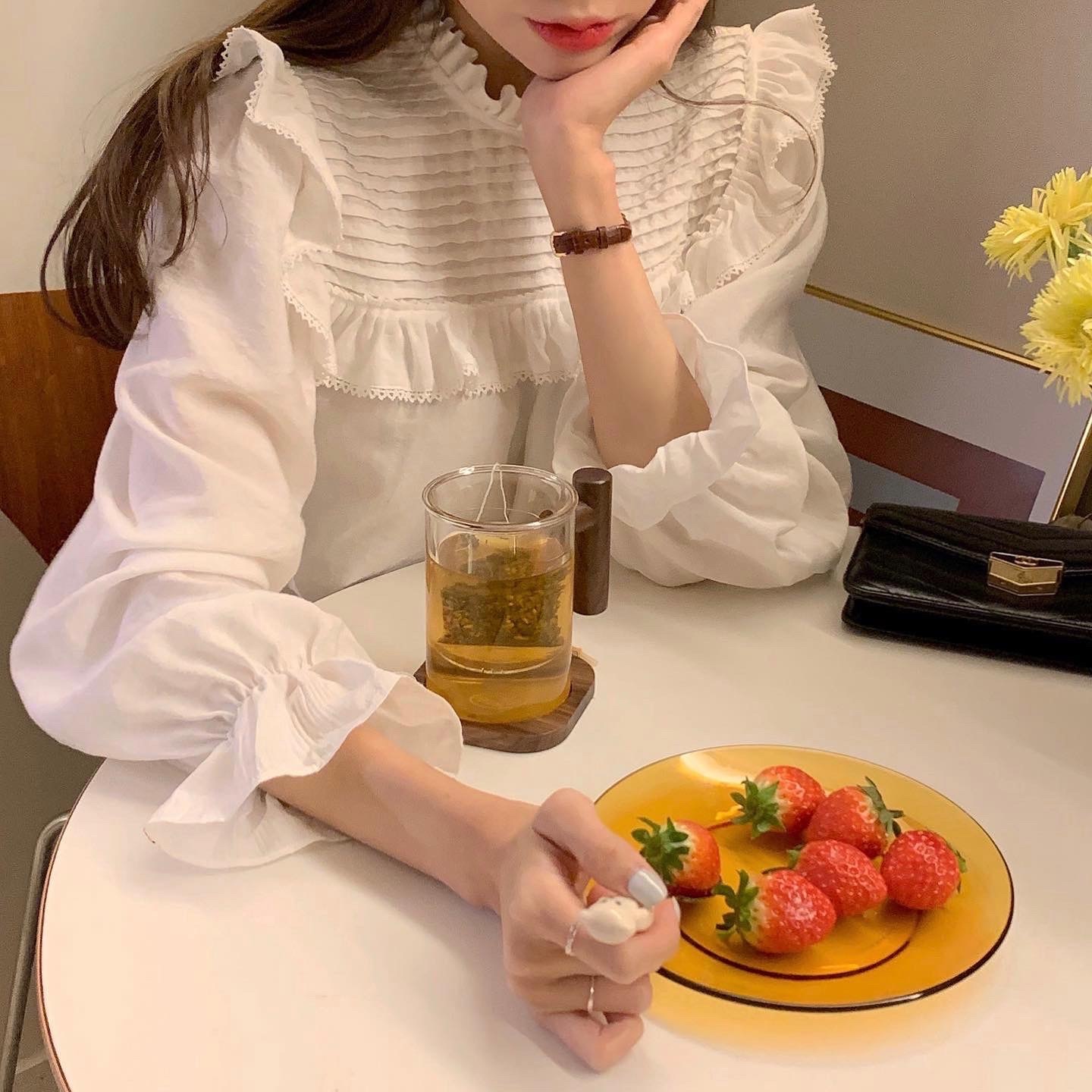 Nomikuma Sweet Stand Neck Women Blouse Korean Ruffle Patchwork Shirt Spring New Flare Long Sleeve Causal Blusas Mujer 6D770 210427