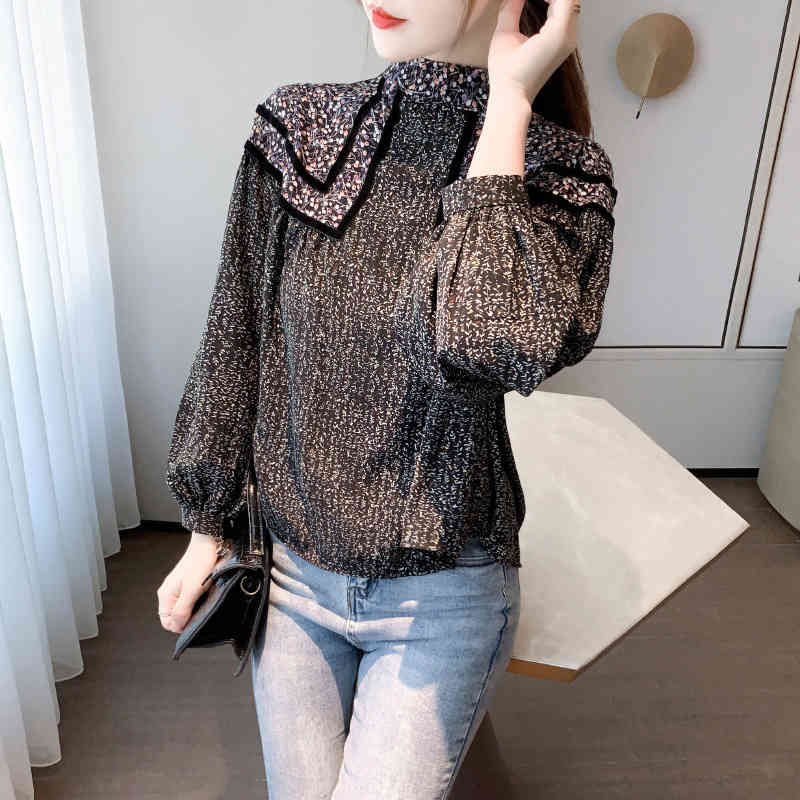 Elegant Floral Blouse Women's Spring Stand Collar Spliced Contrast Loose Lantern Sleeve Shirt Female 5C227 210427