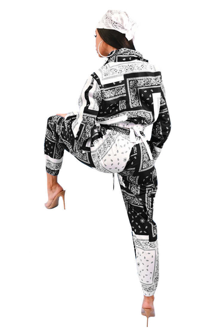 HAOOHU Long Sleeve Women's set Paisley Bandanna Print Two Piece Set Jacket Crop Top Pencil Pants Fashion Tracksuit Y0625