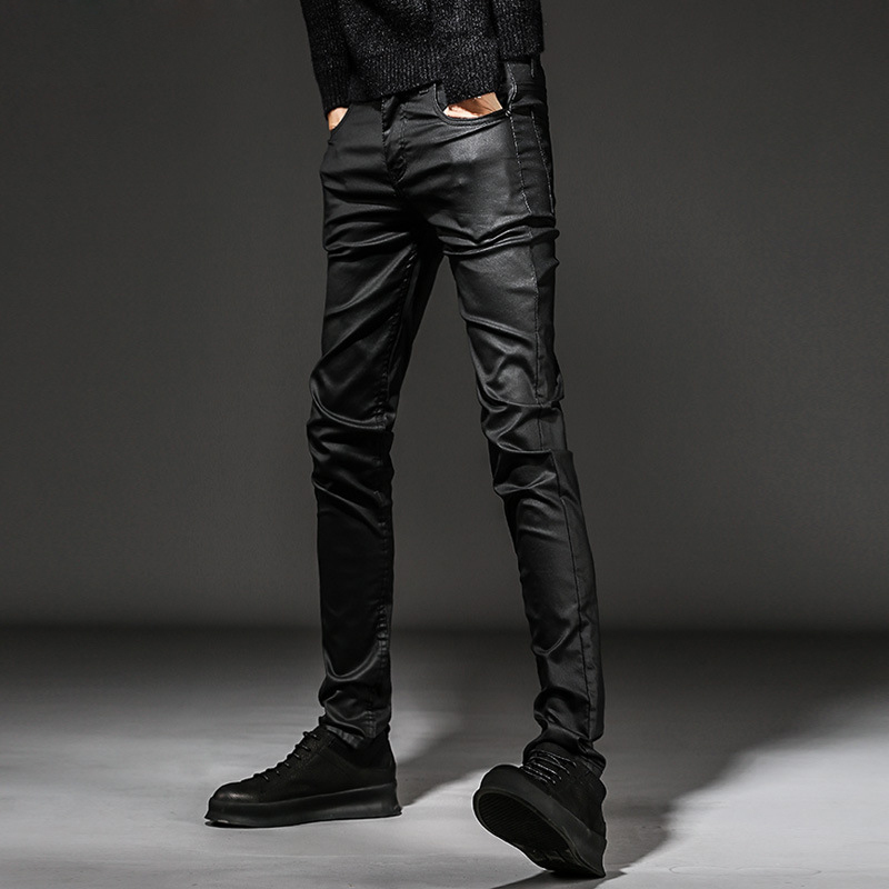 Idopy Men`s Coated Jeans Korean Fashion Cool Waxed Slim Fit Biker Denim Pants 210318