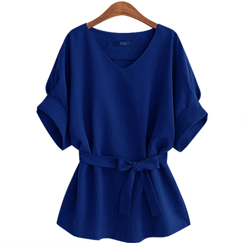 Women Spring Summer Style Blouses Shirt Lady Casual Short Sleeve V-Neck Solid With Leather Belt Women's Loose Tops DF3528 210317