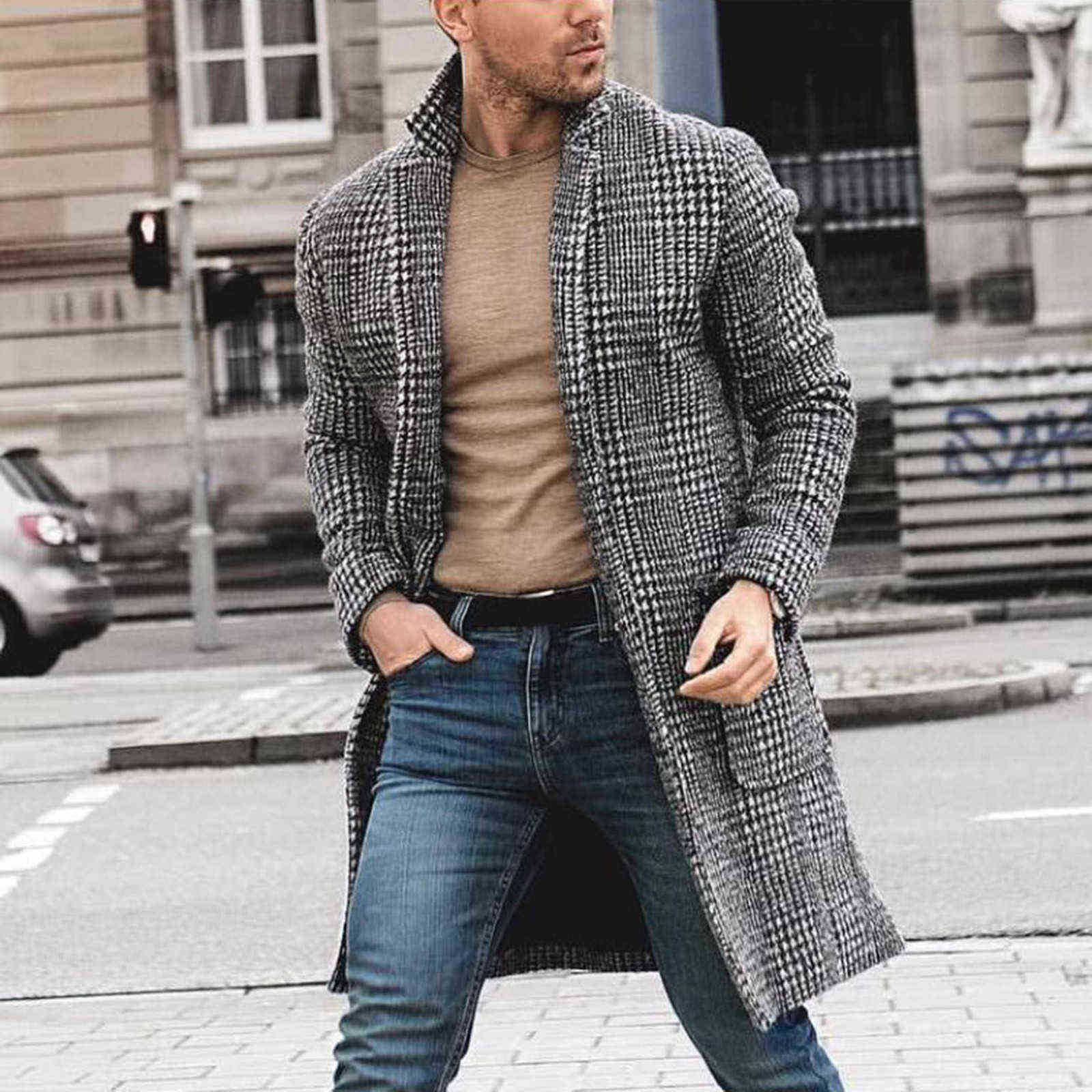 Winter Fashion England style Men's Woolen Coats Male Slim Long Jacket Boutique Plaid Slim Men's Trench Coat Jacket Plus Size 211122