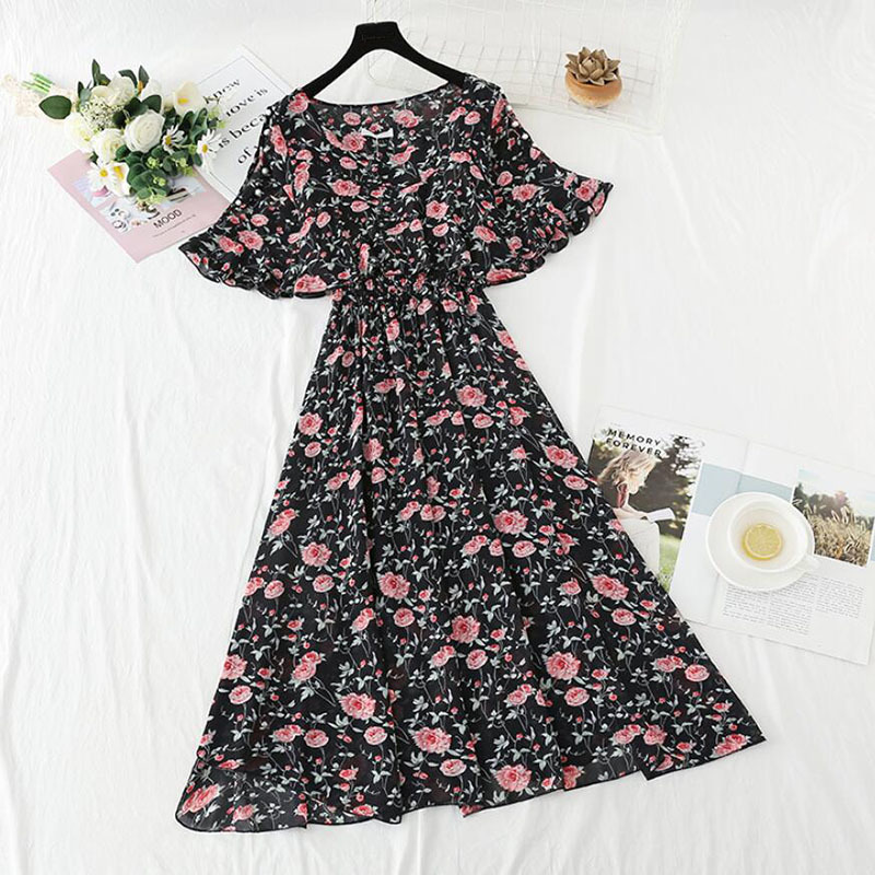 Floral Print Chiffon Dress Summer Fashion Flare Sleeve O-Neck Dew Party Vestidos Elegant Women Midi Dress 210521